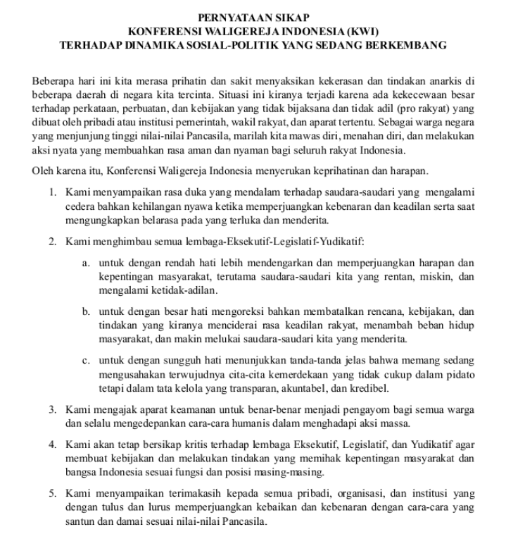 Menanggapi Dinamika Sosial Politik Yang Sedang Memanas Di Indonesia, KWI Luncurkan Pernyataan Sikap